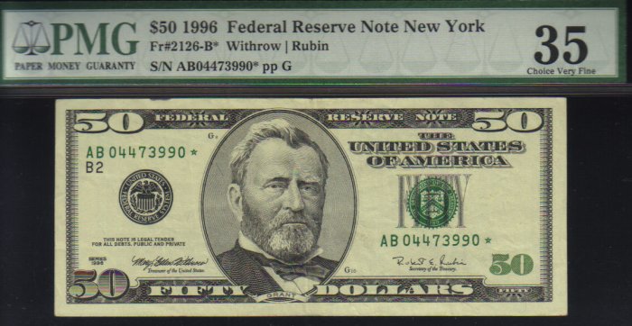 1996 $50 PMG 35 FR#2126-L* Federal Reserve Note AL01981064*