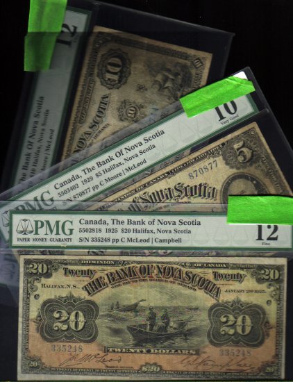 3 NOTES 1925 $20 ,1929 $5 &$10 BANK OF NOVA SCOTIA PMG ,halifax ,canada