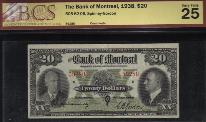 1938 $20 BANK OF MONTREAL BCS VF 25