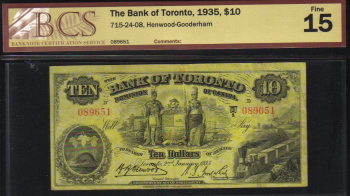 1935 $10 BANK OF TORONTO BCS F 15