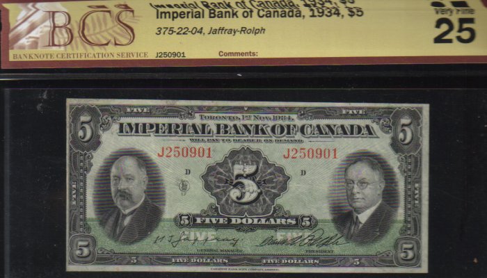 1934 $5 IMPERIAL BANK OF CANADA BCS VF 25