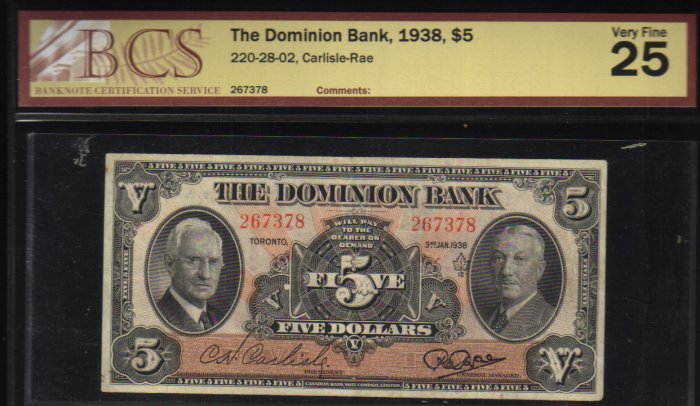 1938 $5 THE DOMINION BANK BCS VF 25