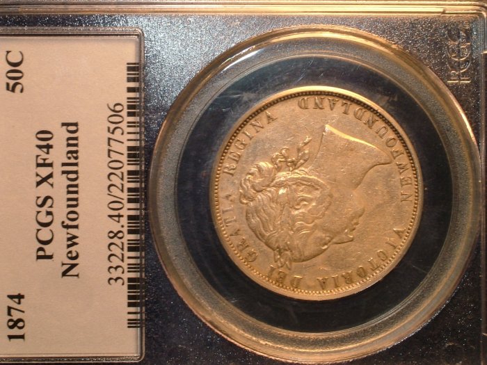 1874 NEWFOUNDLAND 50 CENTS XF40 PCGS CERTIFIED COIN