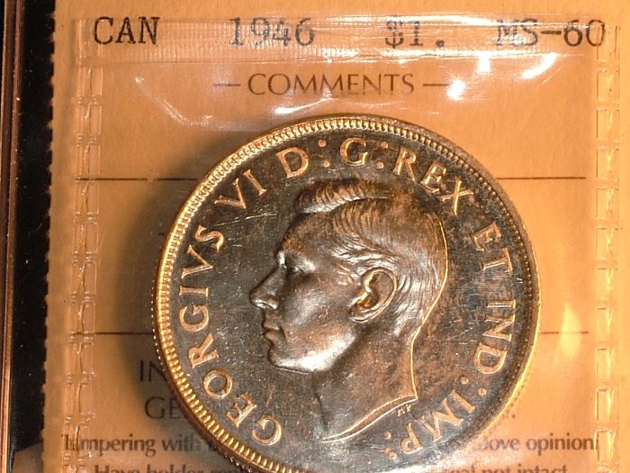 1946 CANADA SILVER DOLLAR MS-60 ICCS CERTIFIED COIN