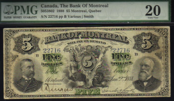 1888 $5 the BANK OF MONTREAL PMG VF 20 HIGH GRADE