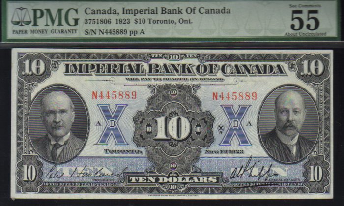 1923 $10 IMPERIAL BANK OF CANADA PMG55 HIGHEST GRADED