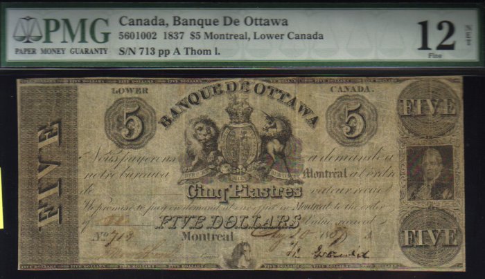 1837 $5 BANQUE DE OTTAWA PMG12 HIGH GRADE