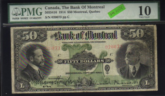 1914 $50 BANK OF MONTREAL ,quebec ,CANADA PMG 10