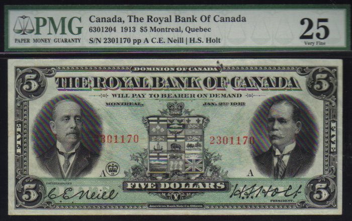 1913 $5 THE ROYAL BANK OF CANADA PMG VF 25