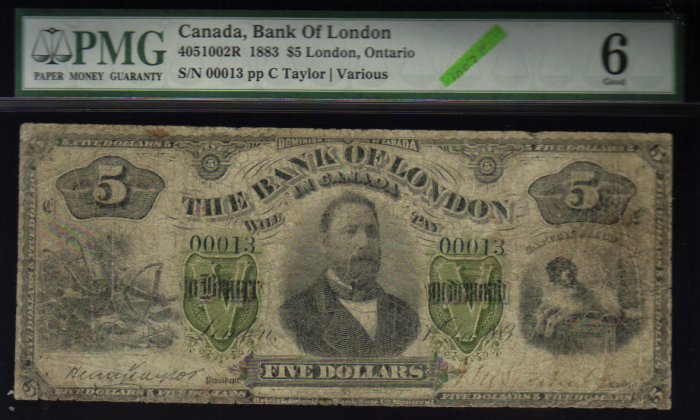 1883 $5 the BANK OF LONDON ,ontario PMG 6 serial #13