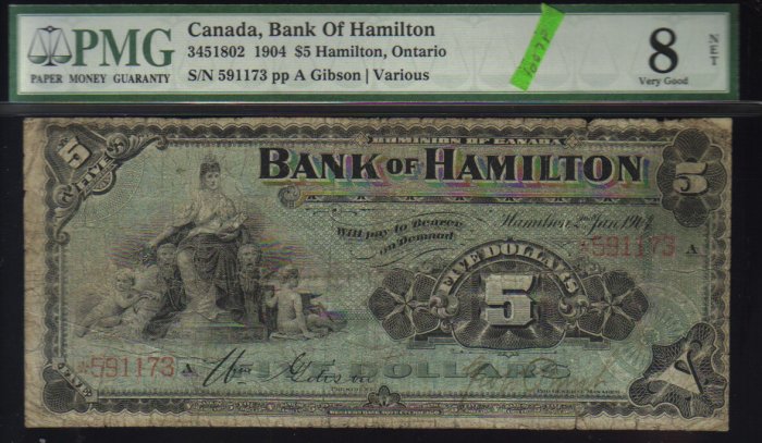 1904 $5 the BANK OF HAMILTON ,ontario PMG 8