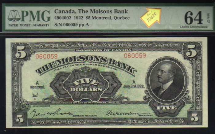 1922 $5 the MOLSONS BANK PMG 64 choice uncirculated