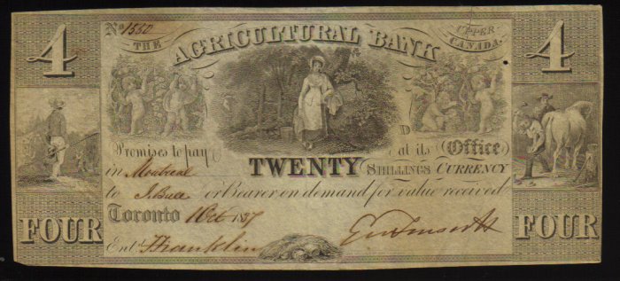 AGRICULTURAL BANK 1837 FOUR piasters CANADA BANKNOTE