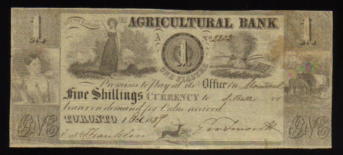 AGRICULTURAL BANK 1837 ONE piaster CANADA BANKNOTE