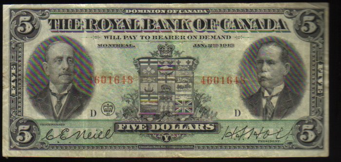 1913 $5 Royal Bank of Canada large banknote -BANKNOTES CANADA