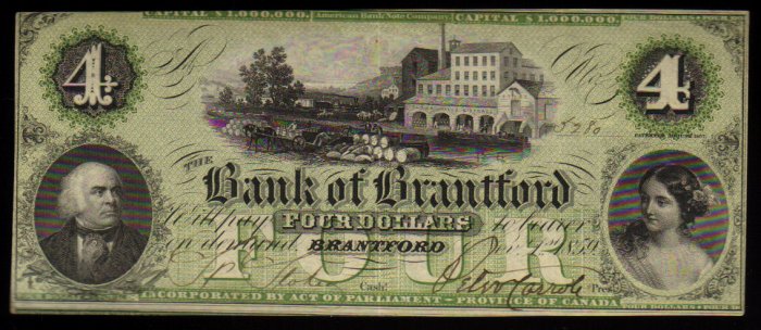 ONTARIO-Bank of Brantford $4 Nov. 1, 1859 Ch. 40-10-04-06 -BANKNOTES CANADA
