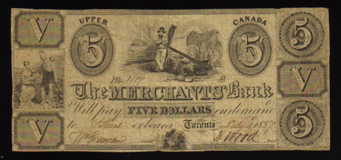 $5 the merchants bank upper canada BANKNOTES CANADA