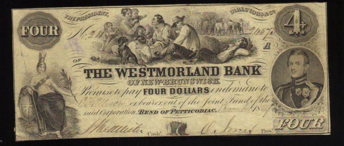 1859 $4 the westmorland bank new brunswick CANADA CHARTERED BANKNOTE