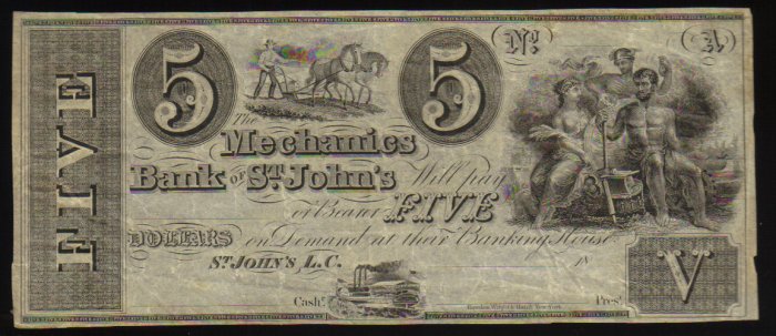 $5 THE MECHANICS BANK st john CANADA CHARTERED BANKNOTE