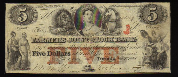 1849 $5 FARMERS JOINT STOCK BANK canada chartered banknotes CANADA CHARTERED BANKNOTE