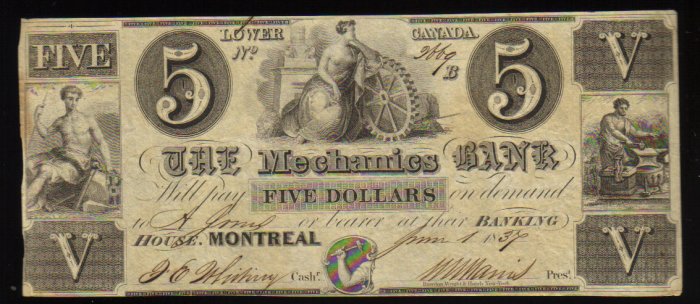 $5 THE MECHANICS BANK MONTREAL CANADA CHARTERED BANKNOTE