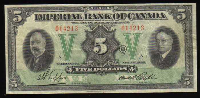 Canadian Currency Imperial Bank of Canada $5 1933