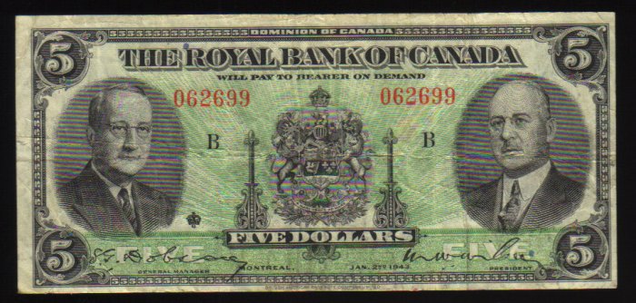 1943 Royal Bank of Canada $5 Very Fine CANADA