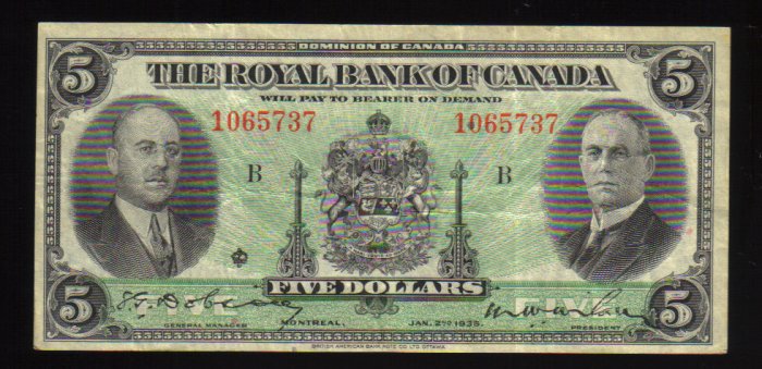 1935 Royal Bank of Canada $5 Very Fine + CANADA