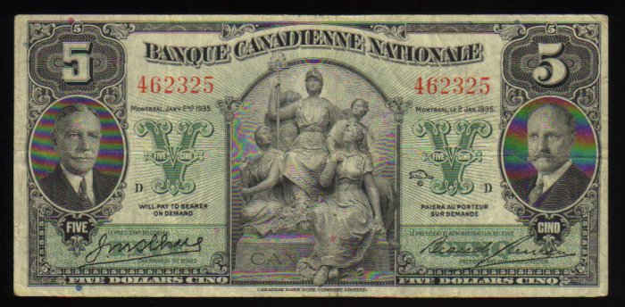 1935 banque canadienne national $5 vf