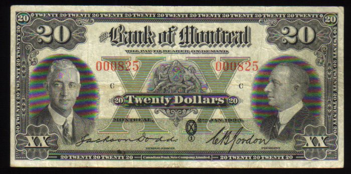 BANK OF MONTREAL 1935 $20 LOW SERIAL #825 vf