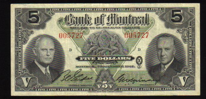 1942 $5 SCARCE BANK OF MONTREAL five dollars