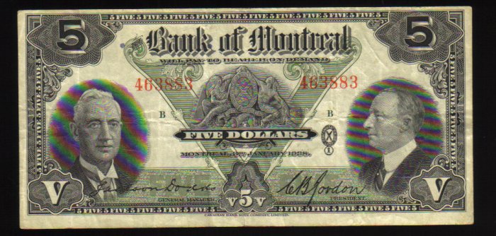 1938 $5 BANK OF MONTREAL five dollars