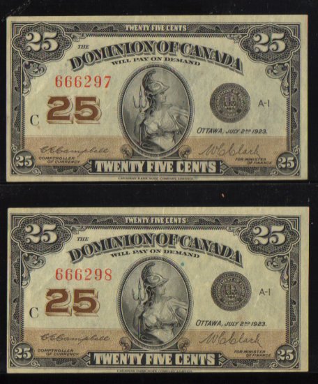 1923 CONSECUTIVE 25cents shinplster DOMINION OF CANADA EF/AU