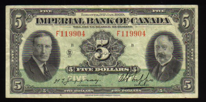 1939 $5 IMPERIAL BANK OF CANADA scarcer than $10
