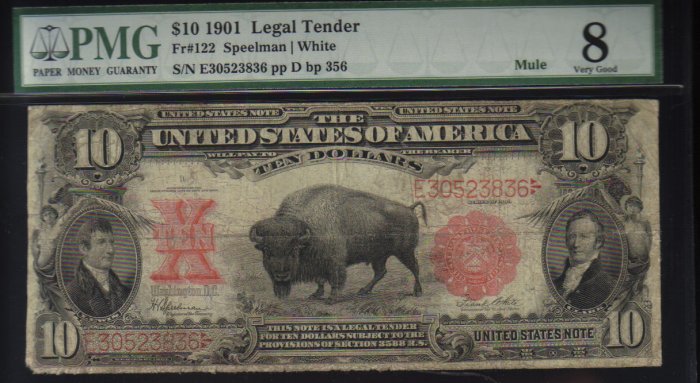 USA $10 1901 BISON & EXPLORERS much scarcer MULE PMG vg8 FR122