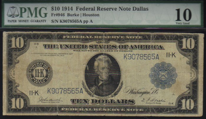 "USA $1914 $10 federal reserve note PMG vg10 "
