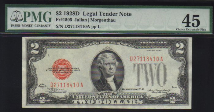 $2 1928 D United States Note RED SEAL PMG 45