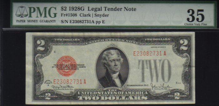 $2 1928 G United States Note RED SEAL PMG 35