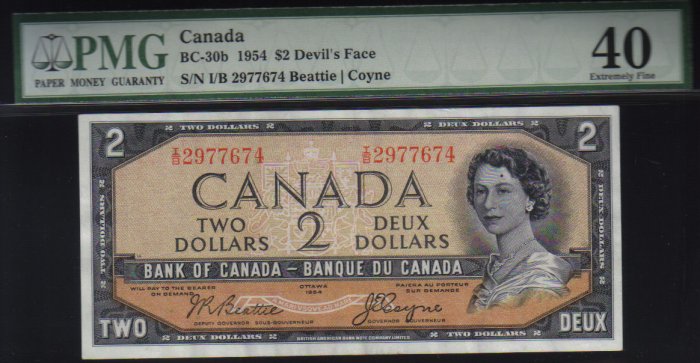 1954 $2 BANK OF CANADA DEVIL FACE PAPERMONEY PMG 40