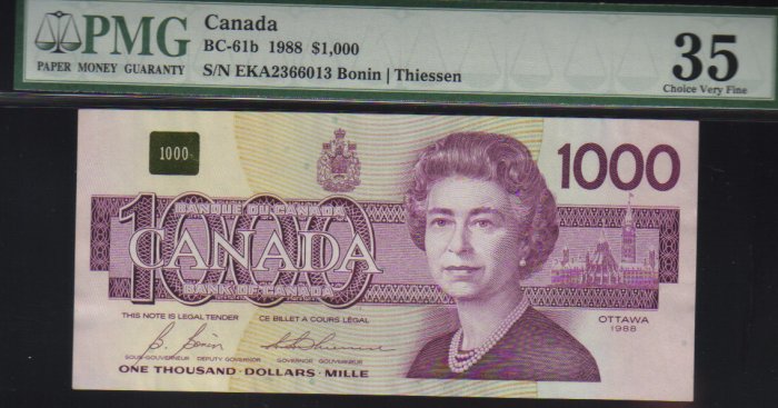 1988 $1000 BANK OF CANADA scarce papermoney WOW PMG35