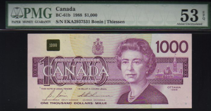 1988 $1000 BANK OF CANADA scarce papermoney WOW PMG 53