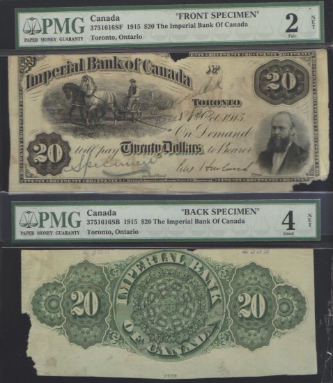 1915 $20 IMPERIAL BANK OF CANADA " specimen" PMG VG2/4