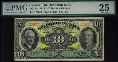 1938 THE DOMINION BANK $10 PMG VF25 very very NICE