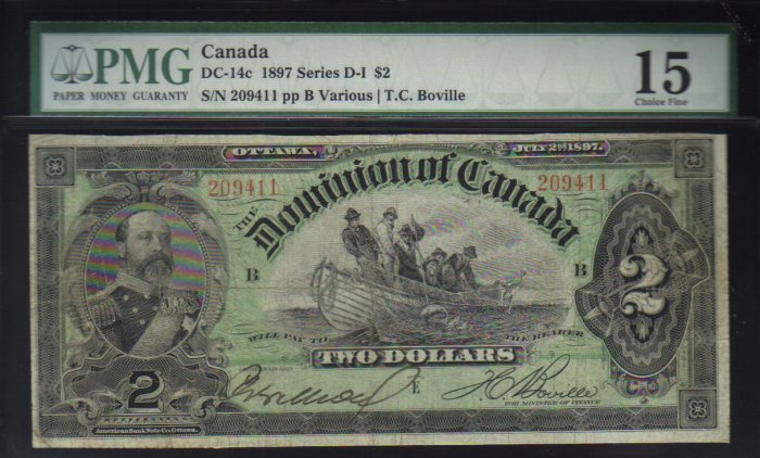 1897 $2 DOMINION OF CANADA DC-14c BANKNOTE PMG 15