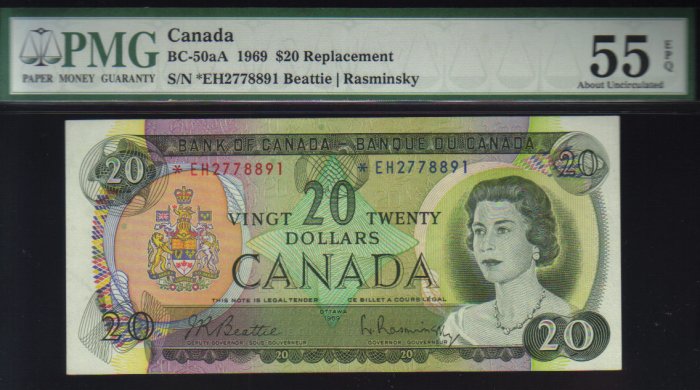 1969 $20 replacement *E/H BANK OF CANADA PMG 55abt unc