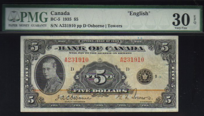 1935 $5 BANK OF CANADA BC-5 PMG 30