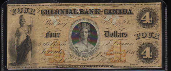 1859 $4 colonial bank of CANADA queen victoria "chalon portrait"