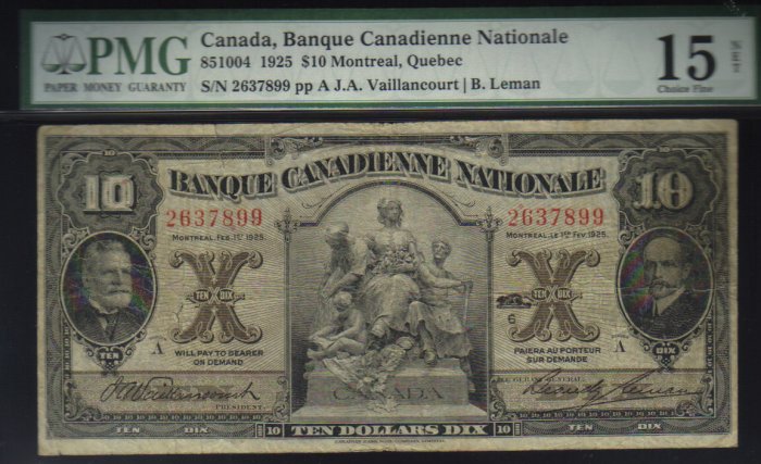 1925 $10 banque canadienne national