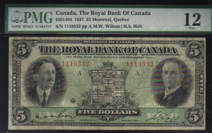 1927 $5 royal bank of canada PMG12 very nice
