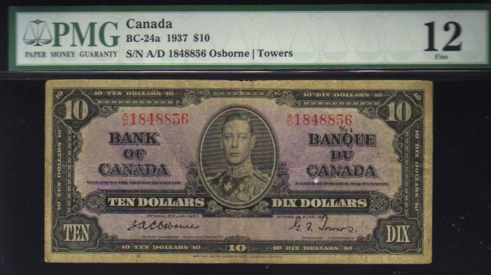 1937 $10 bank of canada PMG 12 osborne/towers